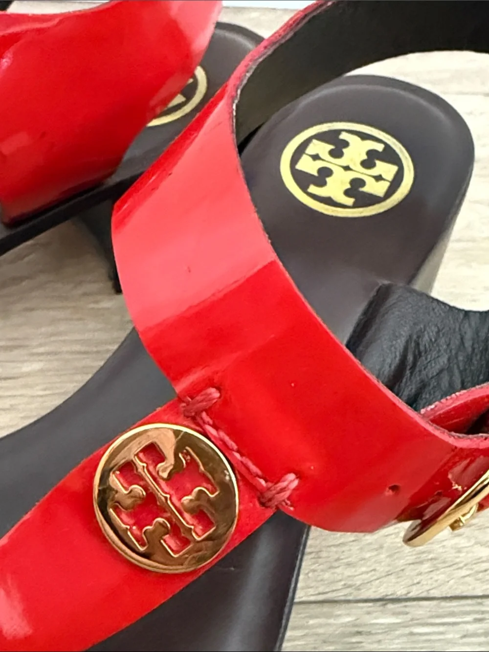 Tory Burch Red Patent Leather T-Strap Sandals with Gold Logo